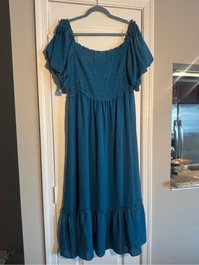 Max Studio Off-Shoulder Smocked Midi Dress in Peacock